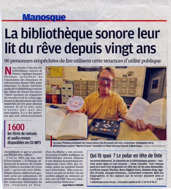 Article du journal La Provence de 2013 titré : la bibliothèque sonore leur lit du rêve depuis vingt ans
