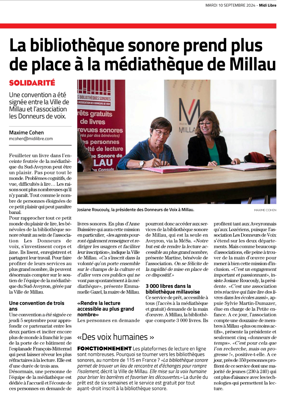 Article Midi Libre Signature de la convention Médiathèque de Millau